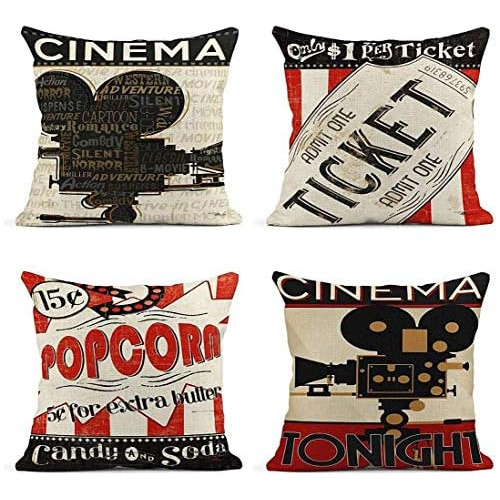 Juego De 4 Fundas De Almohada De Lino Vintage Cinema Mo...