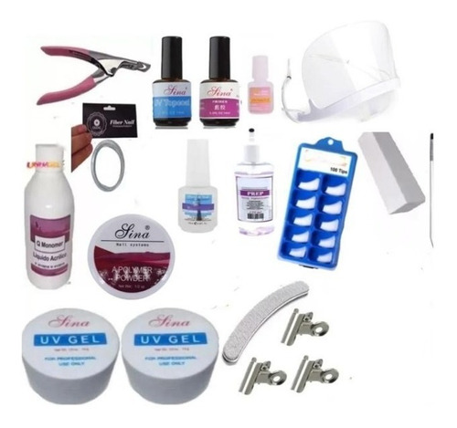 Kit Unhas De Fibra Acrigel Gel + Primer + Topcoat + Prep + Óleo De Cutícula + Presilha Curva C + Mascara + Sina Original