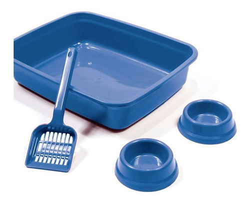 Kit Bandeja Sanitaria Para Gato + Pala + 2 Platos En Azul