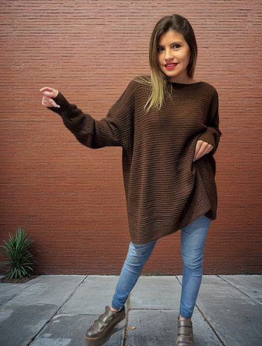 Maxi Suéter Mujer Tejido Acrílico Cuello Bote Myry Moda