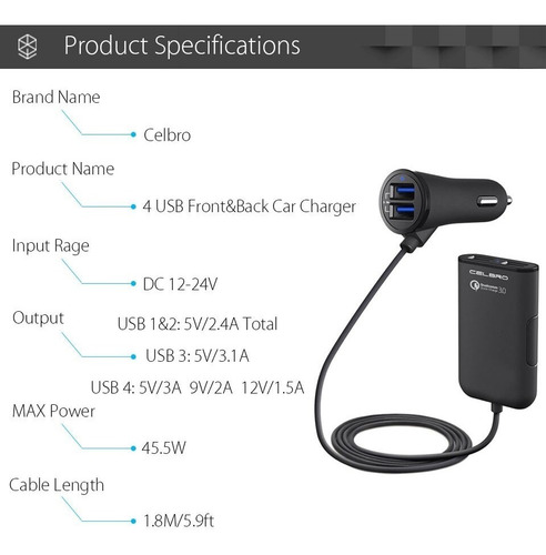 Cargador Rápido Qc3.0 4 Usb Automóvil 2.1a / 3.1a 35w