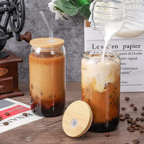 Set De 6 Vasos De Vidrio Con Tapas De Bambú Y Popotes