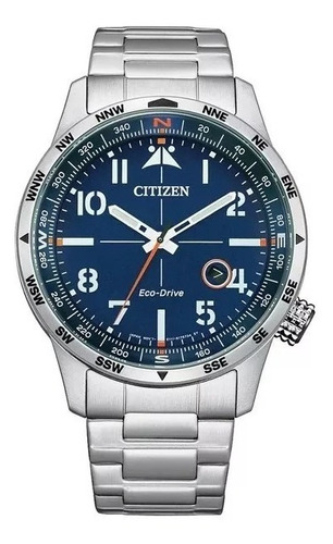 Reloj Citizen Aviator Blue Dial Ecodrive Bm7550-52l Color de la correa Plateado Color del bisel Plateado Color del fondo Azul