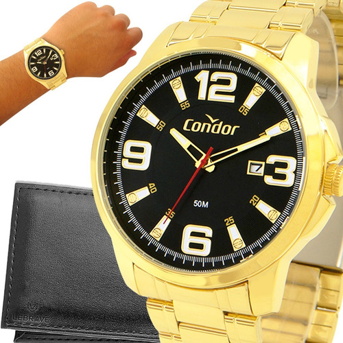 Imagem 1 de 10 de Relógio Masculino Dourado Condor Ouro 18k + Carteira Brinde