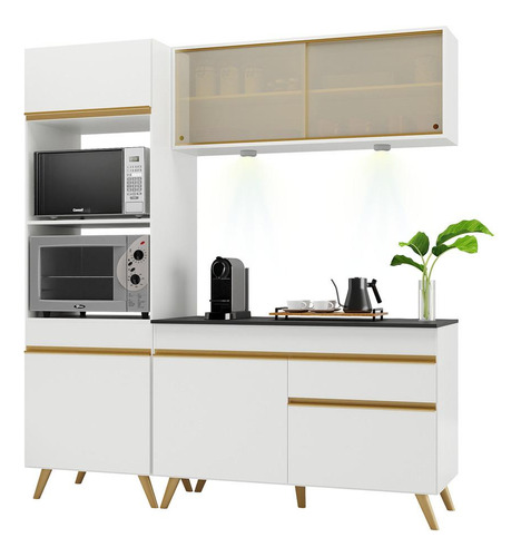 Armário Cozinha Compacta 182cm Veneza Up Multimóveis V2020 Cor Branco/Dourado