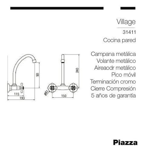 Imagen 3 de 10 de Griferia De Cocina Doble Comando Piazza Village Cromo Cuotas