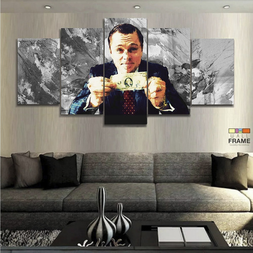 Quadro Decorativo Lobo Wall Street Dólar Moderno Em Tecido Cor Colorido Armação Em Mdf 18 Mm Pronto Para Pendurar