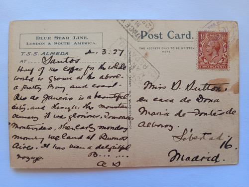 Tss Almeda Barco Blue Star Line 1927 Postal Inmigracion (Usado)