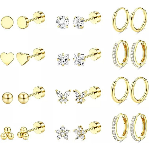 12 Pare Aretes De Oro 14k Mujer Arracadas Piercing Cartílago
