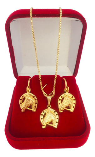 Kit Gargantilha E Brinco Cavalo Country Banhado A Ouro 18 K Cor Dourado