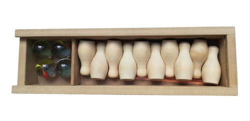 Imagen 8 de 10 de Minibowling Bolos 10 Pinos Y 4 Bolas 24mm Canica Caja Madera