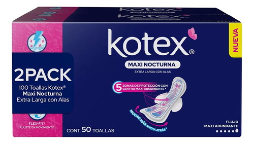 Toallas Femeninas Kotex Maxi Nocturna Con Alas 100 Piezas
