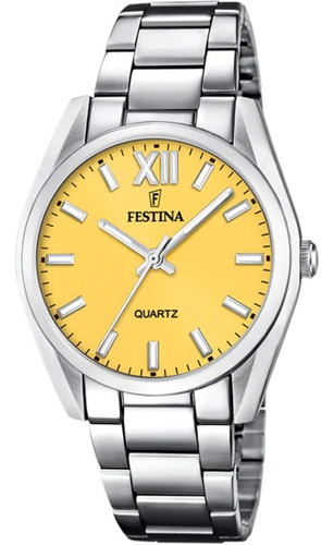 Relógio feminino Festina Boyfriend, aço amarelo, 50 metros, F20622.g, cor de malha, moldura prateada, cor prata