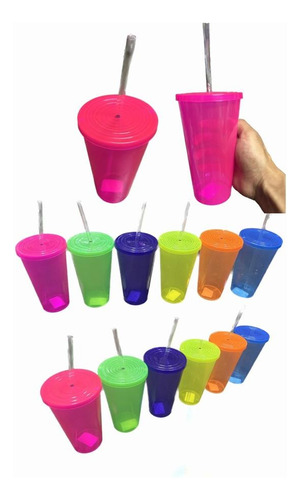 12 Vaso Reutilizable De Colores Neon Con Tapa Y Popote 650ml