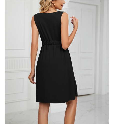 Vestido Sin Mangas Con Botones Cuello Redondo Mujer Con