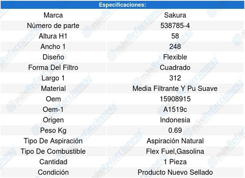 Filtro Aire Chevrolet Avalanche V8 5.3l 07 A 13 8640720