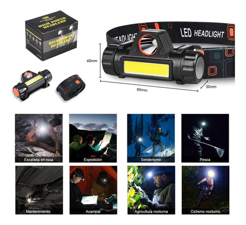 Lampara De Cabeza Linterna Frontal Led Multifuncional Alta Luminosidad Impermeable Ipx4 Recargable Por Usb Color Negro