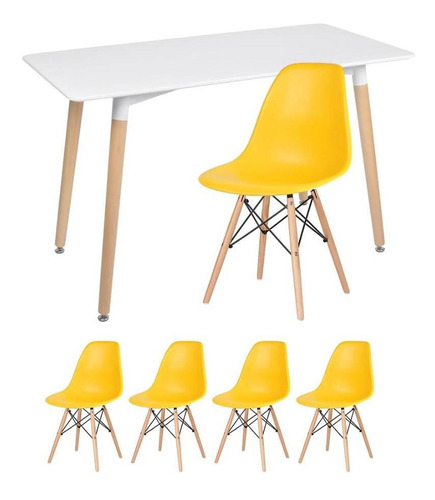 Kit Mesa Jantar Eames Retangular  4 Cadeiras Eiffel Wood Av Cor da tampa Mesa branco com cadeiras amarelo