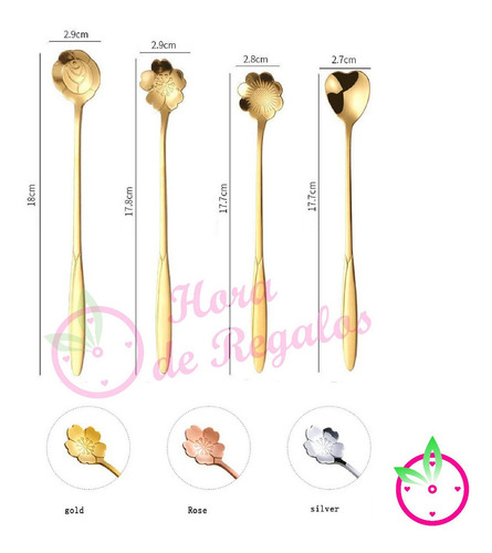 Cucharita X 1 Flor O Corazon Postre De Acero Oro Rose Plata Mango Flor Rosa Multicolor