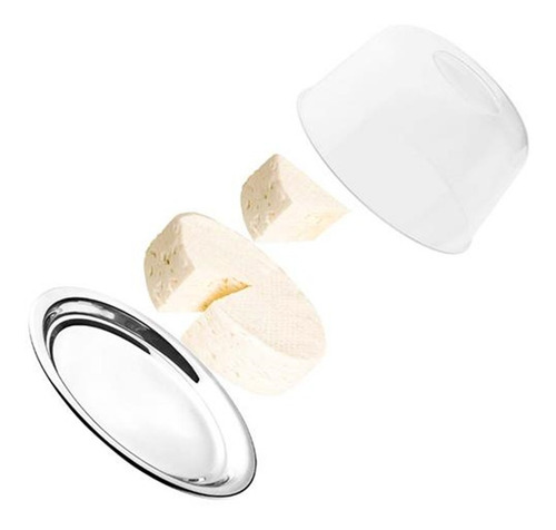 Queijeira Inox C/ Tampa Acrilica Porta Queijo Bandeja 21 Cm
