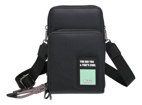 Cartera Bandolera Porta Celular Doble Muaa Cod 28369 Color Negro Diseño De La Tela Lisa