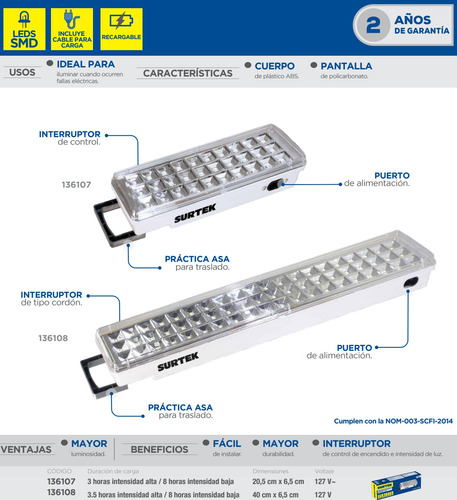Lámpara De Emergencia 60 Led 500 Lúmenes Surtek® Recargable