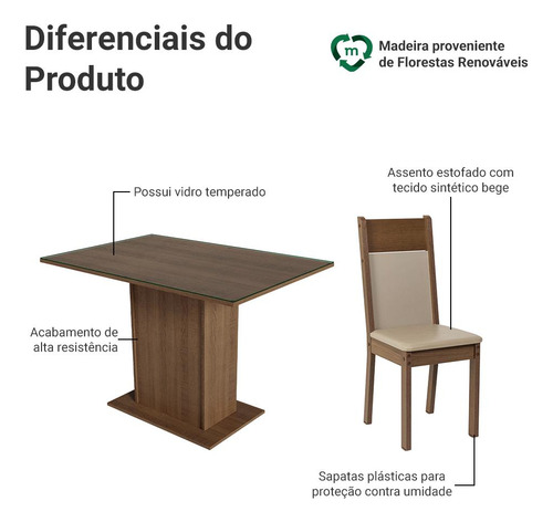 Sala De Jantar Mesa Tampo De Vidro 4 Cadeiras Viena Madesa Cor Rustic/Crema/Sintético/Bege