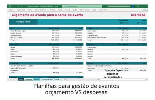 Planilha Excel Para Gestão De Eventos- Orçamento X Despesas