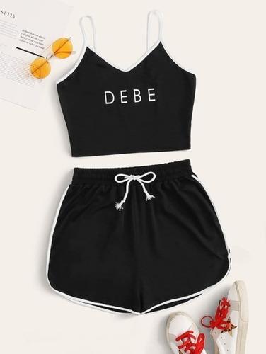 Conjunto Cami Y Short Negro Debe Shein