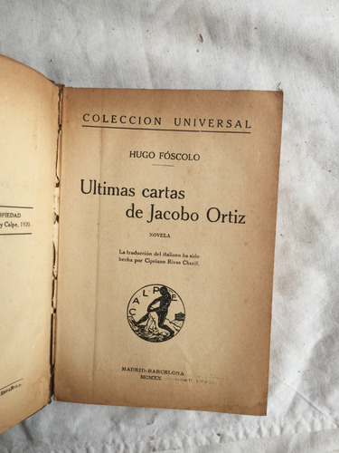 Ultimas Cartas De Jacobo Ortiz - Hugo Foscolo