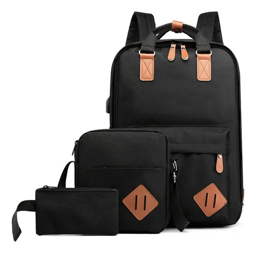Set X3 Mochila Oxford Urbana Viaje Morral Y Neceser Mod29 Color Negro Diseño De La Tela Lisa