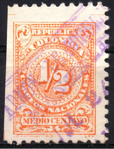 Colombia 1/2 Centavo 1908 Estampilla L T 222c