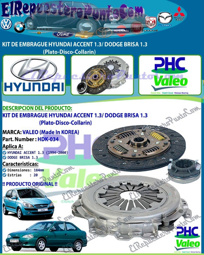 Kit De Embrague Hyundai Accent 1.3 Dodge Brisa 1.3 184mm