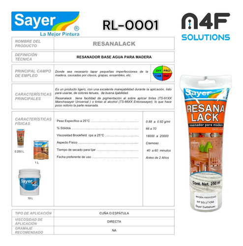Sayer Resanalack Para Madera Base Agua Blanco (250ml) 3pz