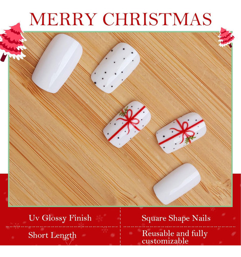 Uñas Postizas A Presión De Navidad, Cuadradas Medianas, 24 U