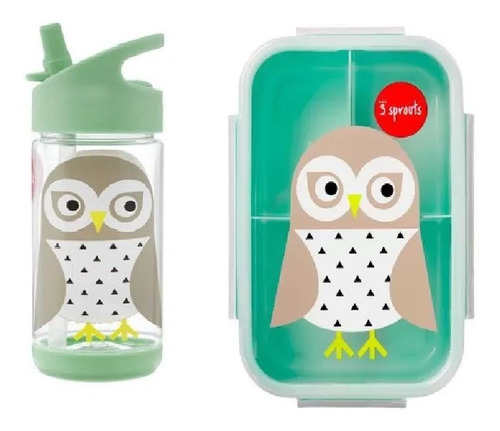 Imagem 2 de 4 de Kit Lancheira Garrafinha Pote Bento Box 3 Sprouts Coruja
