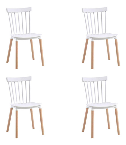 Set X4 Sillas De Comedor Madera Laqueada Blanca Windsor