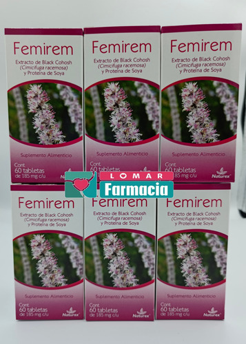 6 Pack Femirem, Extracto De Black Cohosh Y Soya, 60 Tabs. Sin Sabor