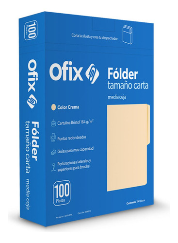 Folder Tamaño Carta Crema Ofix 100 Piezas Cartulina Bristol