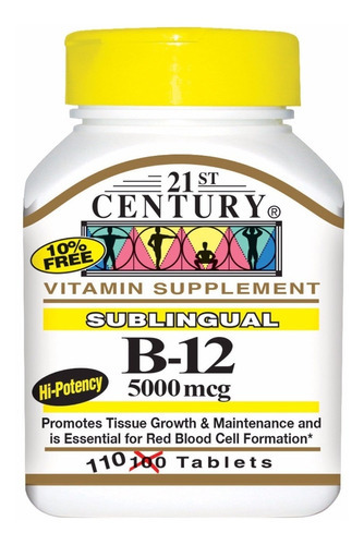 Vitamina B12 Sublingual (5000mcg)- 110 Cáps- 21st Century Sabor Cereja