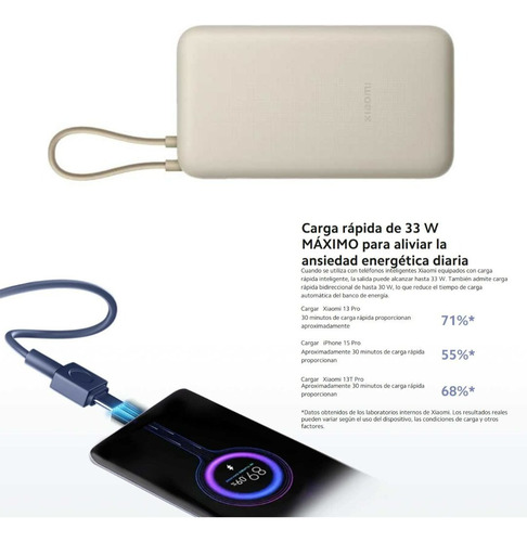 Cargador Portatil Mi Power Bank Xiaomi 33w 20000mah Nuevo Original Carga Rápida Compacto Con Cable Integrado Color Beige