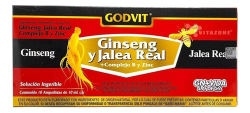 Ginseng Royal Jelly Godvit Jalea Real 10 Ampolletas De 10ml Sabor Sin Sabor