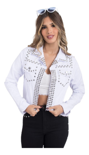 Campera De Jean Mom De Mujer Calce Holgado Tachas Rígida