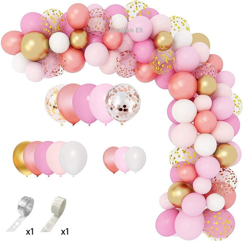 Imagen 3 de 4 de Arco Organico Globos Rosa Gold Dorado Rosas Varios Confetti
