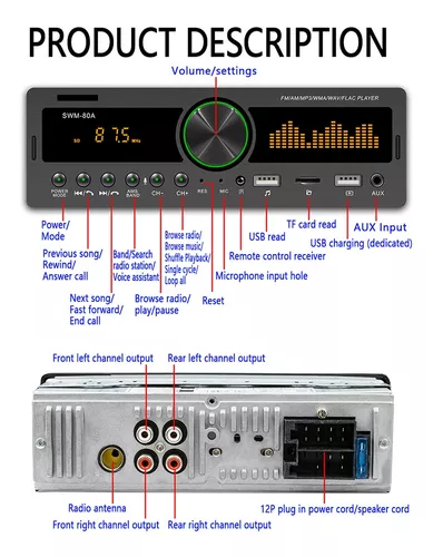 Reproductor MP3 para coche, 1 Din, 12V, Bluetooth, manos libres