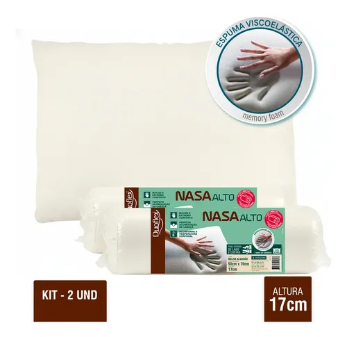 Kit 2 Travesseiro Nasa Alto Duoflex 17cm Antiácaro c/ Capa 100% algodão com zíper