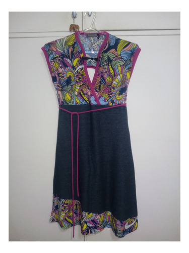 Vestido Combinado Jean Y Estampado Con Lazo Talle S