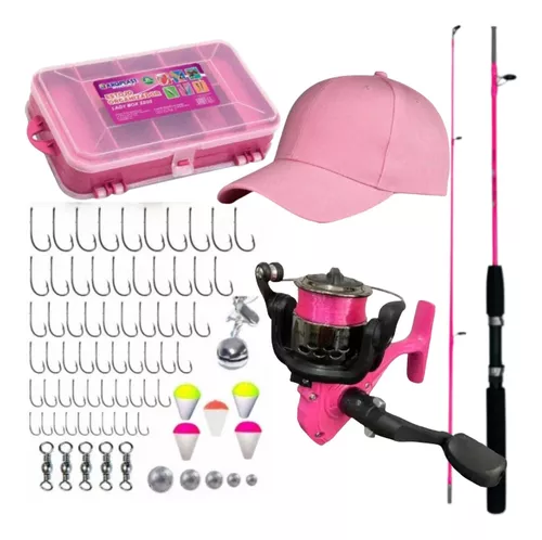 Kit De Pesca Conjunto Rosa Vara Molinete Acessórios Boné