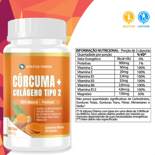 Cúrcuma + Colageno Tipo 2 Premium Quality 120 Cáps - Status Verde