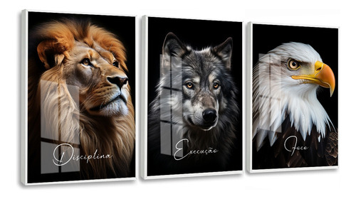 Kit 3 Quadros Decorativos Animais Frase Motivacional Vidro